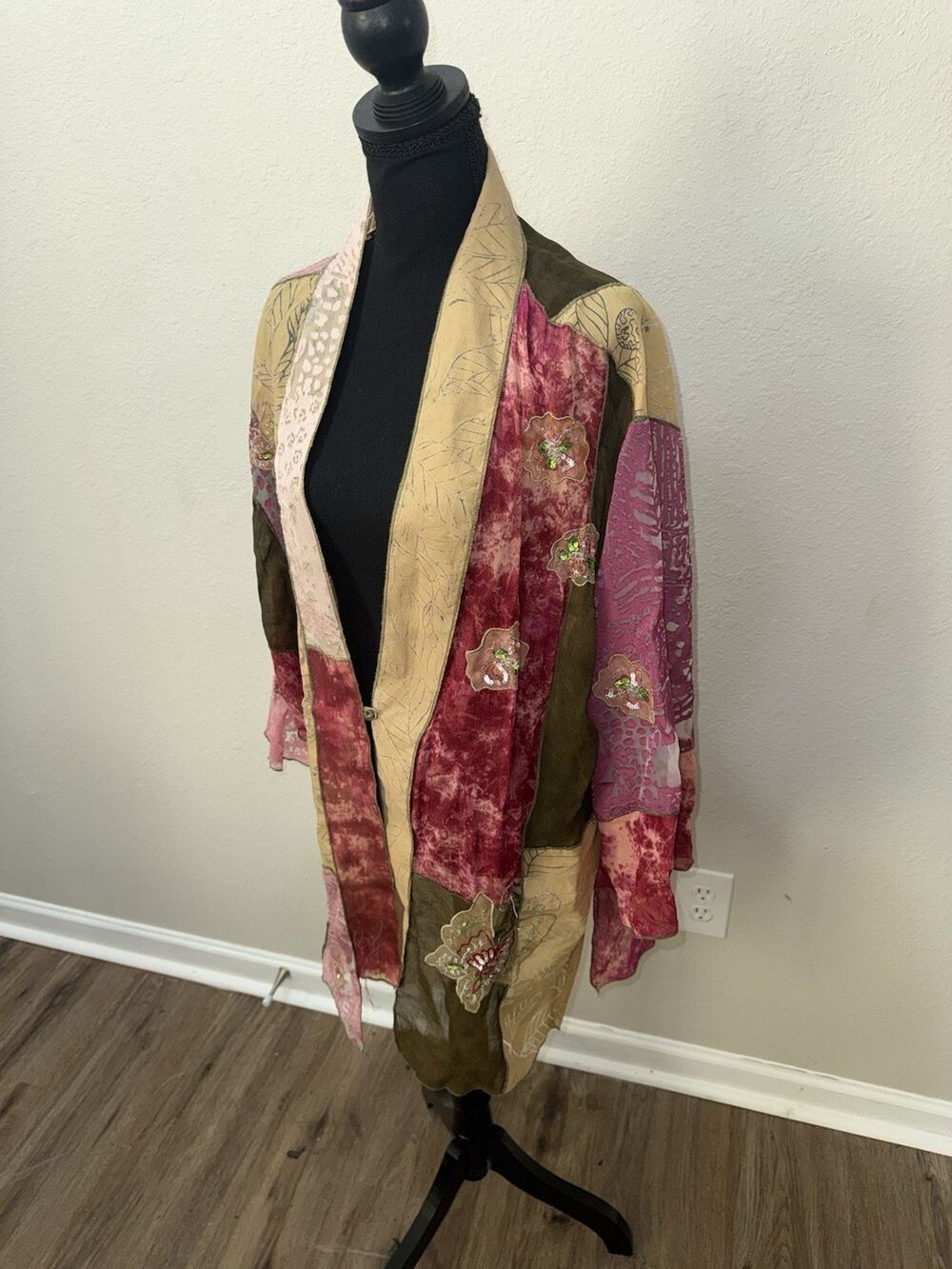 Indigo Moon Patchwork Jacket XL Art To Wear Velvet Floral Sequin Kimono Boho